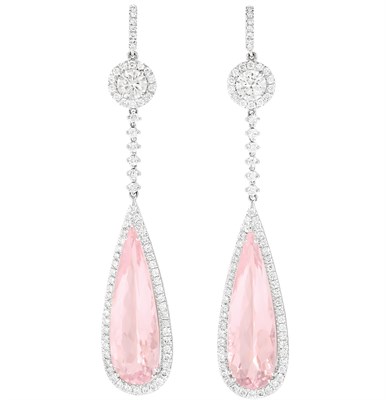 Lot 54 - Pair of White Gold, Morganite and Diamond Pendant-Earrings