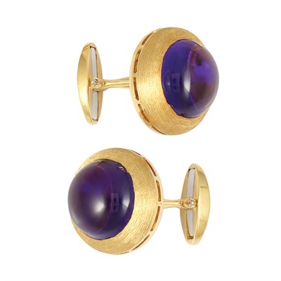 Lot 288 - Pair of Gold and Cabochon Amethyst Cufflinks, Henry Dunay