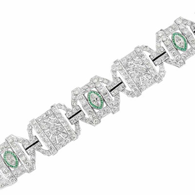 Lot 564 - Art Deco Platinum, Diamond, Emerald and Black Onyx Bracelet