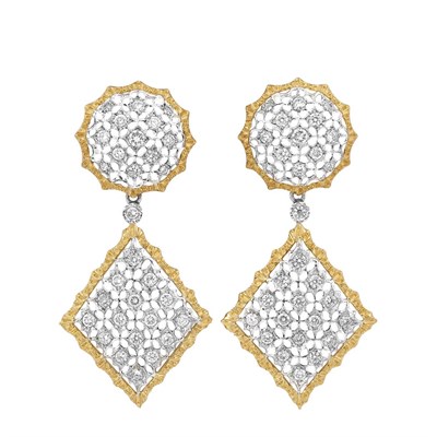 Lot 514 - Pair of Two-Color Gold and Diamond 'Day and Night' Pendant-Earclips, Mario Buccellati