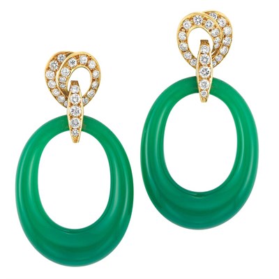 Lot 438 - Pair of Gold, Diamond and Green Chrysoprase Pendant-Earclips, Bulgari