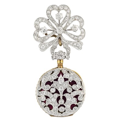 Lot 60 - Antique Platinum, Gold, Diamond and Purple Guilloche Enamel Lapel Watch, Black, Starr & Frost