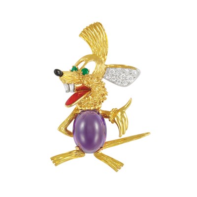 Lot 450 - Gold, Platinum, Cabochon Amethyst, Diamond, Emerald and Enamel Rabbit Clip-Brooch, David Webb, France