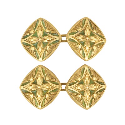 Lot 210 - Pair of Art Nouveau Gold and Green Plique-a-Jour Enamel Cufflinks