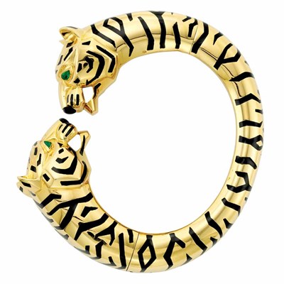 Lot 436 - Gold, Black Enamel and Emerald Panther Bangle Bracelet, Cartier, France