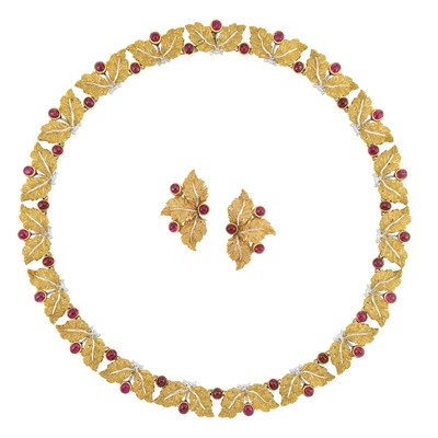 Lot 516 - Two-Color Gold and Cabochon Ruby Necklace and Pair of Earclips, Buccellati