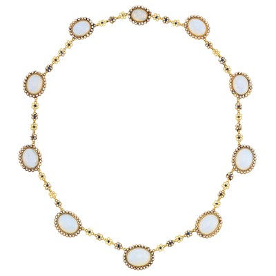 Lot 194 - Antique Gold, Opalescent Blue Glass, Seed Pearl and Black Enamel Necklace, France