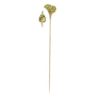 Lot 187 - Art Nouveau Gold, Green Plique-a-Jour and Pearl Pendant, Feuillatre, and Hat Pin, France