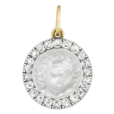 Lot 59 - Antique Silver, Gold, Carved Moonstone Cameo and Diamond Pendant