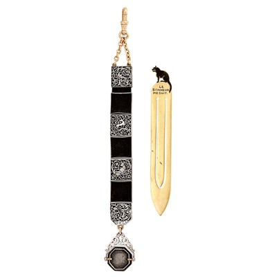 Lot 182 - Antique Silver, Gold and Black Grosgrain Ribbon Watch Fob, Boucheron, France, and Gold and Enamel Book Mark, Cartier
