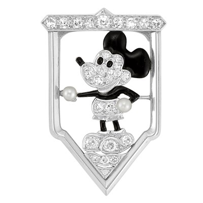 Lot 165 - Art Deco Platinum, White Gold, Diamond, Black Enamel and Pearl 'Mickey Mouse' Clip