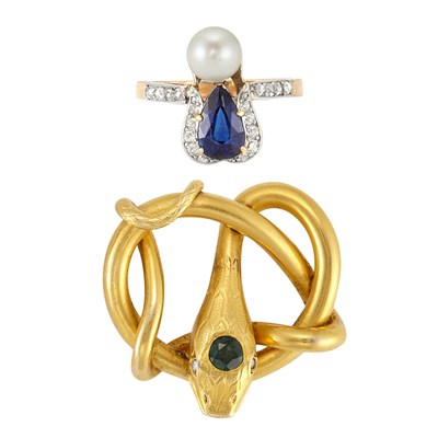 Lot 69 - Antique Gold, Platinum, Sapphire, Pearl and Diamond Ring and Russian Gold and Alexandrite Snake Pin