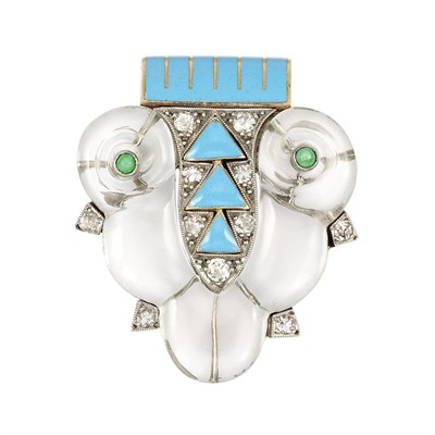 Lot 540 - Art Deco Platinum, White Gold, Rock Crystal, Turquoise Enamel, Diamond and Turquoise Clip, Cartier