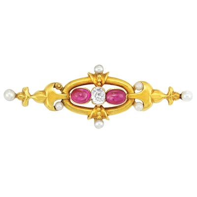 Lot 193 - Antique Russian Gold, Cabochon Ruby and Pearl Bar Pin, Bolin