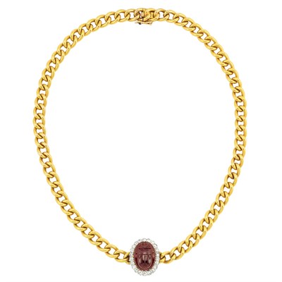 Lot 190 - Antique Gold, Silver, Carved Garnet Scarab and Diamond Necklace