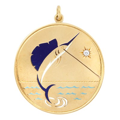 Lot 86 - Gold, Enamel and Diamond Sailfish Pendant, Cartier