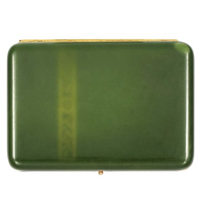 Lot 332 - Art Deco Nephrite, Gold, Pink Guilloche Enamel and Diamond Case, France