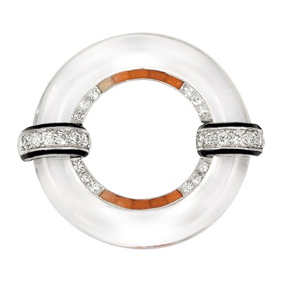Lot 539 - Art Deco Rock Crystal, Platinum, Diamond, Multicolored Chalcedony and Black Enamel Circle Pin, Cartier