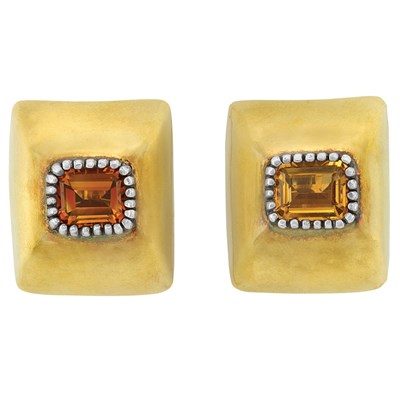 Lot 34 - Pair of Gold, Silver and Bicolor Citrine Pyramid Earclips, Marilyn Cooperman