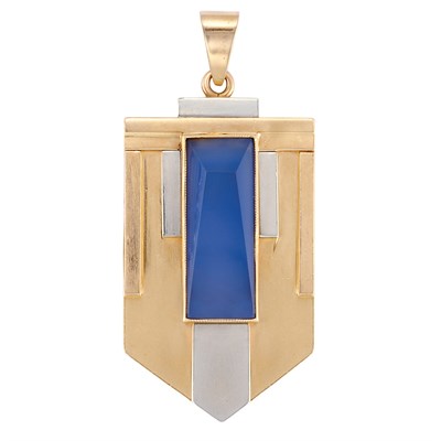 Lot 84 - Retro Two-Color Gold and Dyed Blue Chalcedony Pendant, France