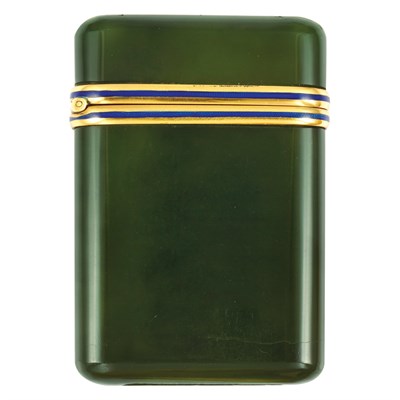 Lot 206 - Art Deco Nephrite, Gold and Blue Guilloche Enamel Match Case
