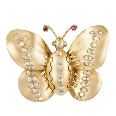 Lot 390 - Gold, Diamond and Ruby Butterfly Clip, Rene Boivin