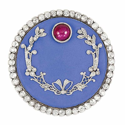 Lot 528 - Antique Russian Gold, Silver, Periwinkle Blue Enamel, Cabochon Ruby and Diamond Brooch, Faberge