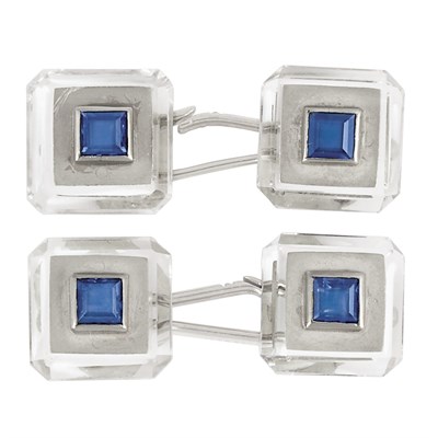 Lot 211 - Pair of Art Deco Rock Crystal, Platinum, White Gold and Sapphire Cufflinks