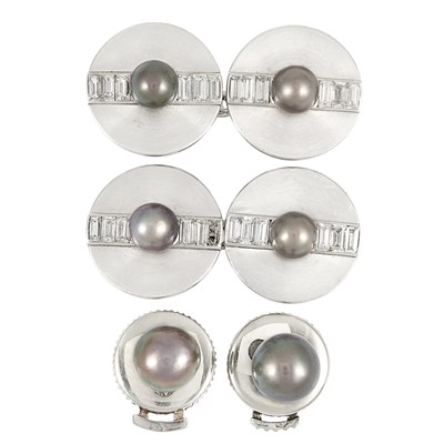 Lot 216 - Art Deco Platinum, White Gold, Multicolored Gray Pearl and Diamond Cufflinks and Two Pearl Studs, Boucheron, Paris