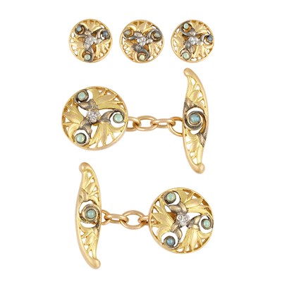 Lot 208 - Art Nouveau Gold, Silver, Light Green Glass and Diamond Dress Set, Vever