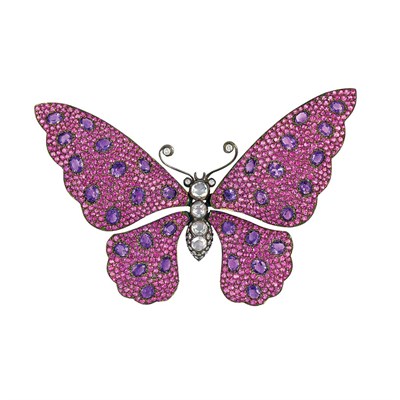 Lot 471 - Blackened Gold, Pink Sapphire, Amethyst and Diamond 'en Tremblant' Butterfly Brooch