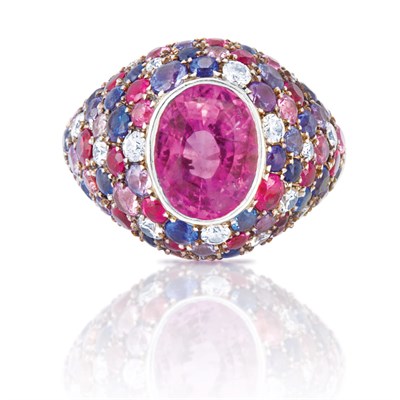 Lot 470 - White Gold, Pink Sapphire, Multicolored Sapphire and Diamond Ring