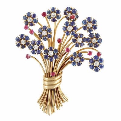 Lot 393 - Gold, Diamond, Sapphire and Ruby Bouquet Clip
