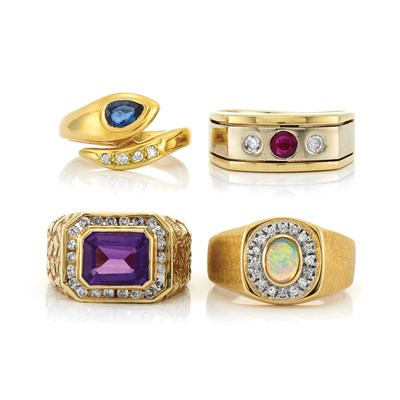 Lot 177 - Ten Gold, Colored Stone, Hardstone and Diamond Rings