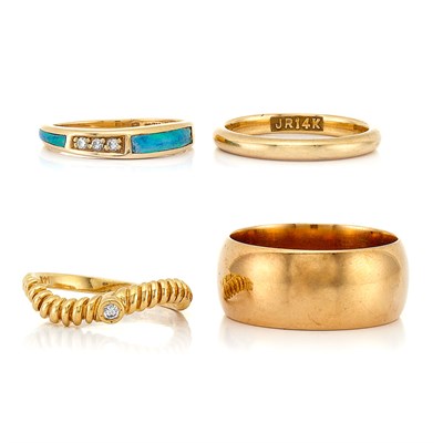 Lot 25 - Group of Two-Color Gold, Low Karat Gold, Metal and Synthetic Stone Rings