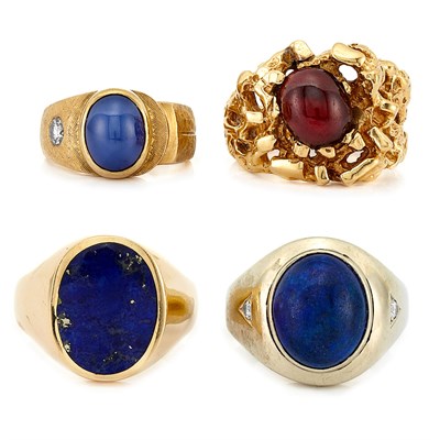 Lot 170 - Seven Gold, Low Karat Gold, Garnet, Lapis and Simulated and Synthetic Stone Rings