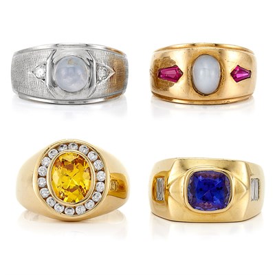 Lot 178 - Six Gentleman's Two-Color Gold, Diamond, Gem-Set and Synthetic Stone Rings