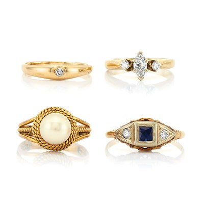 Lot 135 - Group of Two-Color Gold, Low Karat Gold, Colored Stone, Pearl and Diamond Rings