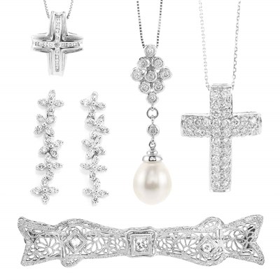 Lot 90 - Group of Diamond Jewelry and Cultured Pearl and Diamond Pendant