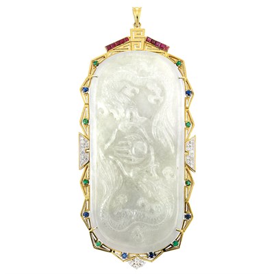 Lot 355 - Gold, Carved Bicolor Jade, Diamond and Gem-Set Pendant