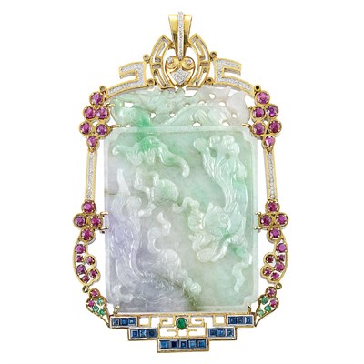Lot 354 - Gold, Carved Multicolored Jade, Diamond and Gem-Set Pendant