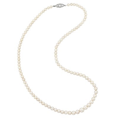 Lot 532 - Natural Pearl Necklace with Platinum and Diamond Clasp, Jacques Chaumet, France