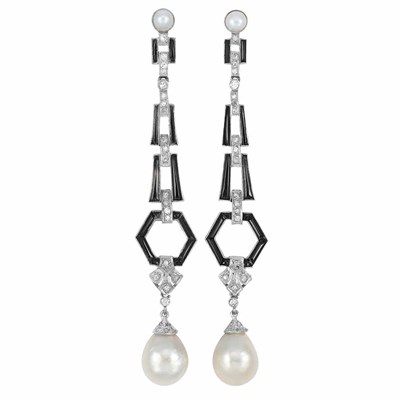 Lot 534 - Pair of Art Deco Platinum, Diamond, Black Onyx and Natural Pearl Pendant-Earrings
