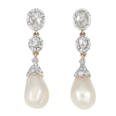 Lot 520 - Pair of Antique Silver, Gold, Diamond and Natural Pearl Pendant-Earrings
