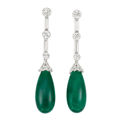 Lot 490 - Pair of Platinum, Diamond and Emerald Pendant-Earrings