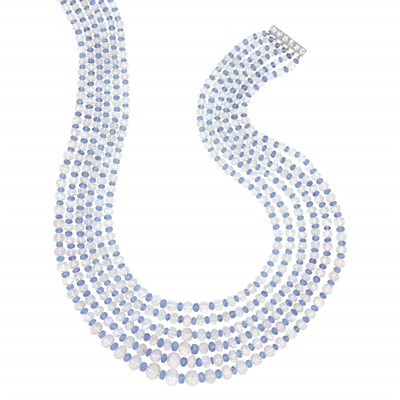 Lot 468 - Six Strand Moonstone and Sapphire Bead Necklace with Diamond Clasp