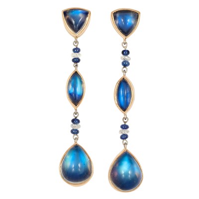 Lot 118 - Pair of Gold, Ebony-Backed Moonstone, Diamond and Sapphire Bead Pendant-Earrings