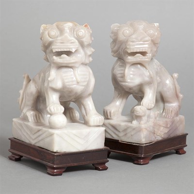Lot 259 - Pair of Hardstone Figures of Foo Dogs on Wood...