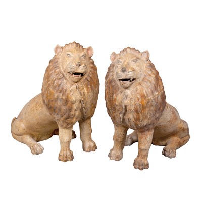 Lot 475 - Pair of Painted Terra Cotta Figures of Lions...
