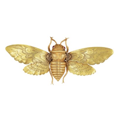 Lot 371 - Two-Color Gold and Cabochon Ruby Cicada Clip, Mario Buccellati